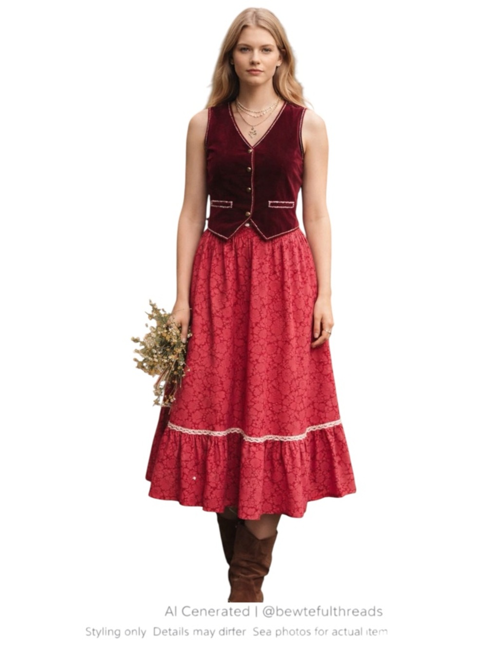 Vintage Prairie Cottagecore Skirt Set S Red Floral Velvet Vest Boho